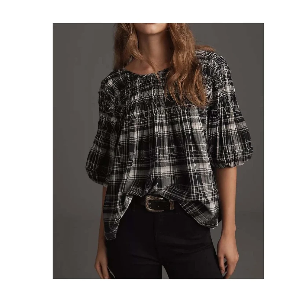 Pilcro Anthropologie Rory Puff-Sleeve Smocked Navy Plaid Blouse Size S Preppy